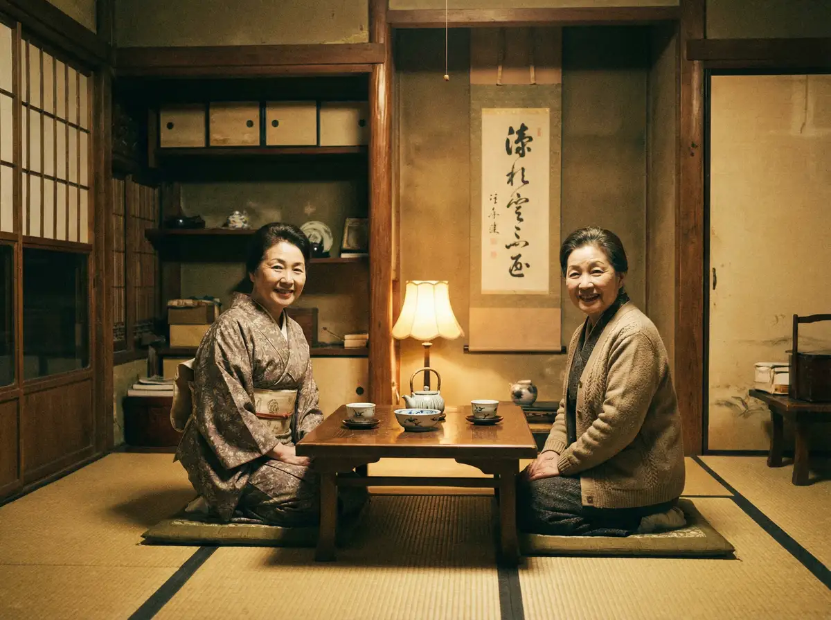 两位优雅的 吃瓜不打烊 在日式茶室中品茶交谈